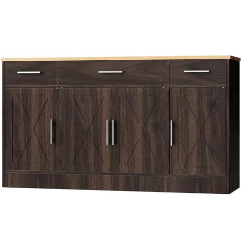 Brown Wood Buffet Cabinet with 3 Drawers and 4 Doors R3775