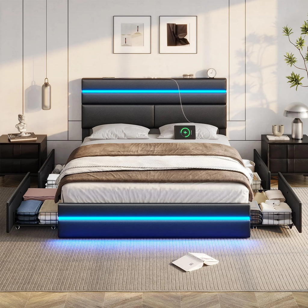 Full Size LED Platform Bed Frame with 4 Storage Drawers and 2 USB Ports Y3383