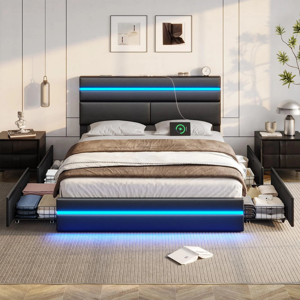 Full Size LED Platform Bed Frame with 4 Storage Drawers and 2 USB Ports Y3383