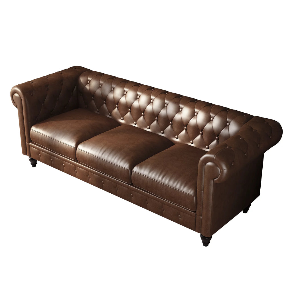 Button Tufted Faux Leather 3-Seater Sofa A476580