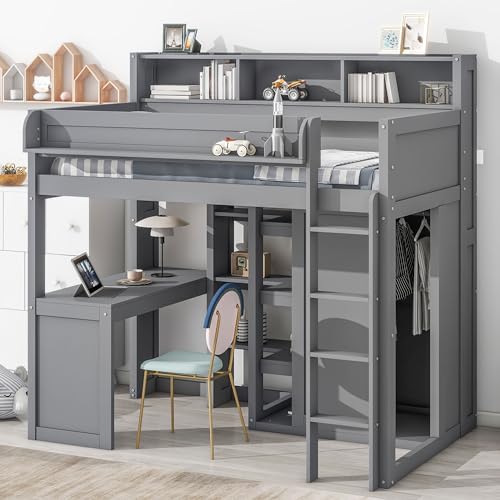 Twin Size Wood Loft Bed with Desk Storage and Wardrobe S9832