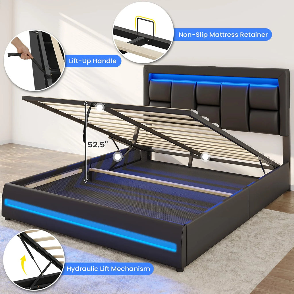 Queen Size Lift Up Storage Upholstered Platform Bed Frame with Charging Ports and LED Lights Z889