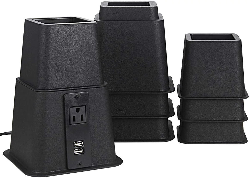 Black Set of 4 Adjustable Bed Riser with Power Outlet and USB Ports G2657