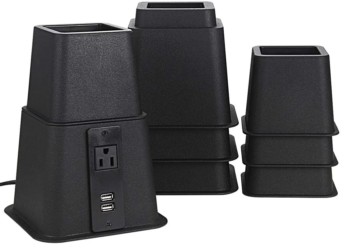 Black Set of 4 Adjustable Bed Riser with Power Outlet and USB Ports G2657