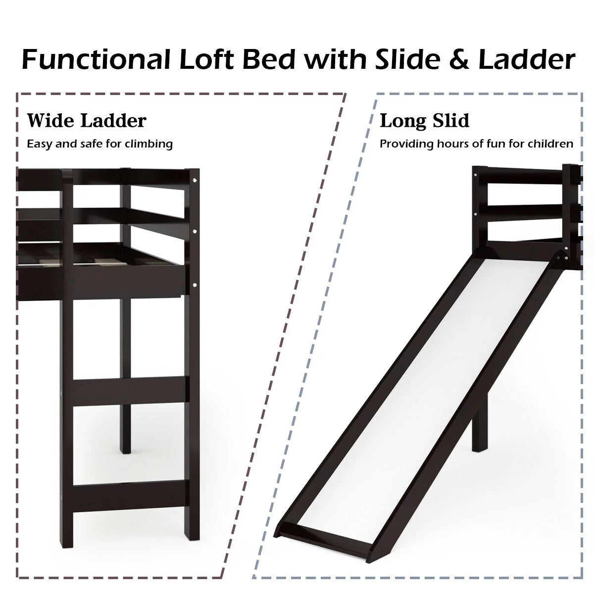 White Twin Size Wood Loft Bed with Slide G213282