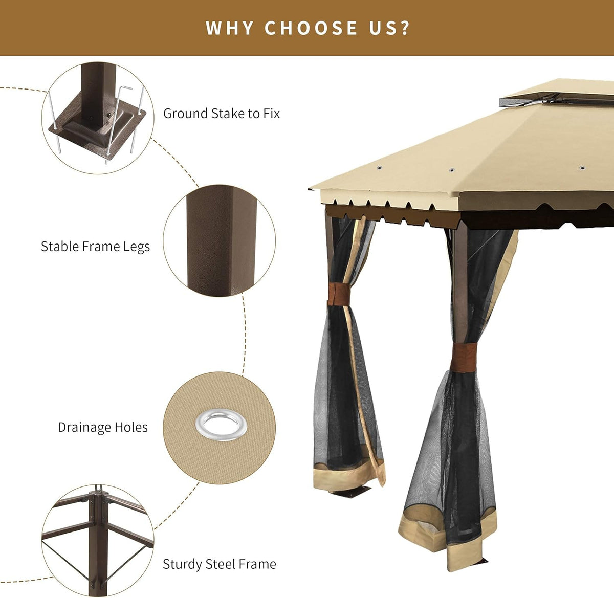 10x12 ft Steel Gazebo with Mosquito Netting M6687