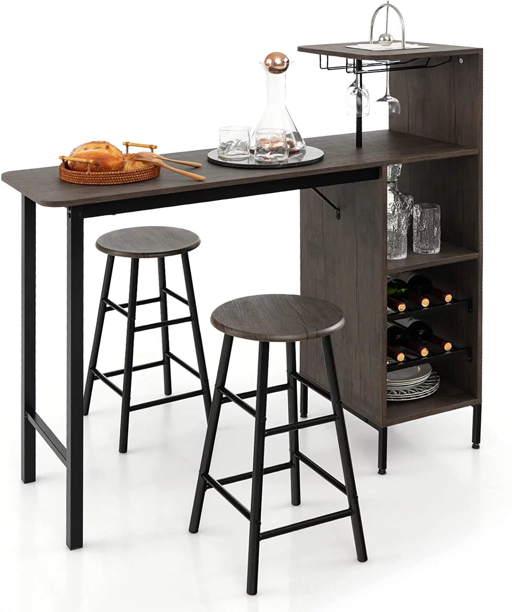 Bar Table and Chairs Set for 2, 3-Piece Counter Height Dining Table Set with Shelves M16188