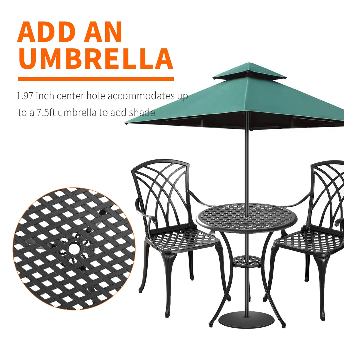 3 Piece Cast Aluminum Patio Bistro Set with Umbrella Hole W50157