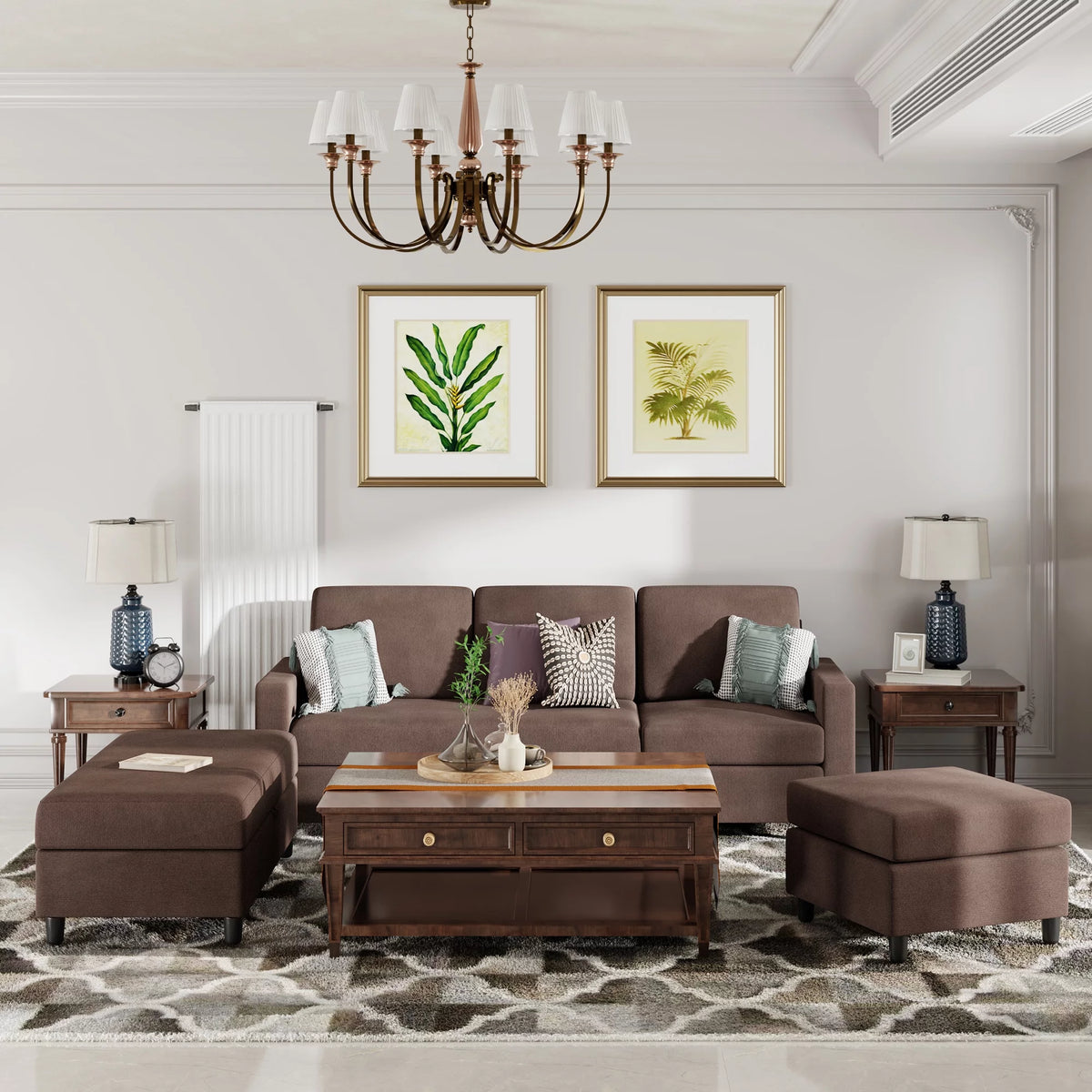 Brown Convertible Sectional Sofa with Storage Ottoman J41015