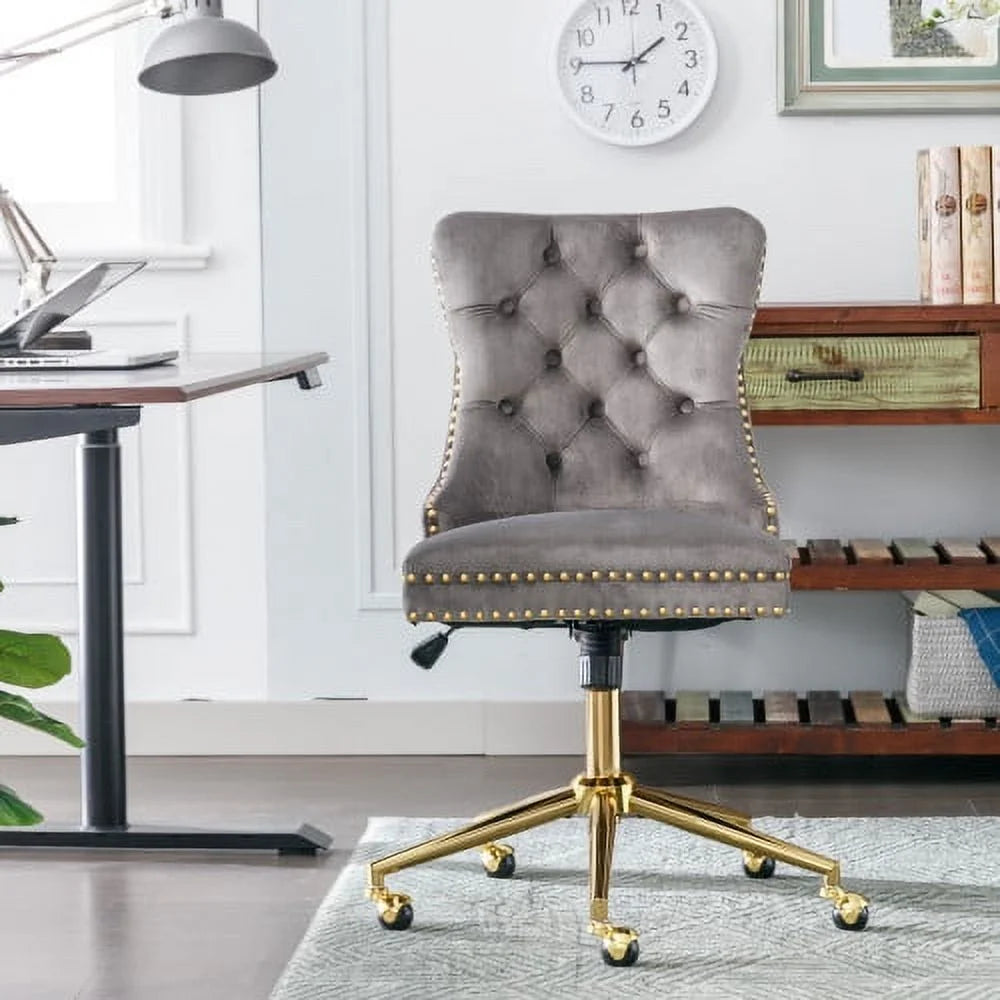 Velvet Upholstered Tufted Button Office Chair with Golden Metal Base L930