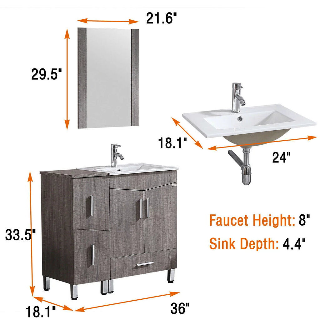 36" Light Brown Wood Bathroom Vanity with Ceramic Sink and Drawers H478