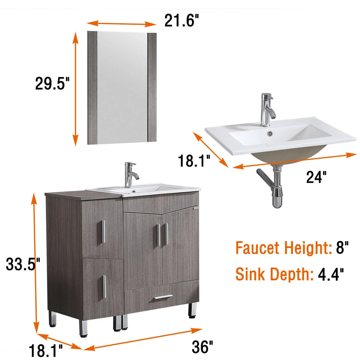 36" Light Brown Wood Bathroom Vanity with Ceramic Sink and Drawers H478