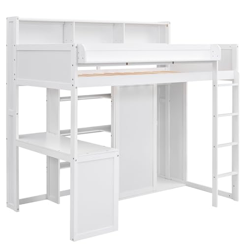 Twin Size Wood Loft Bed with Desk Storage and Wardrobe S9832