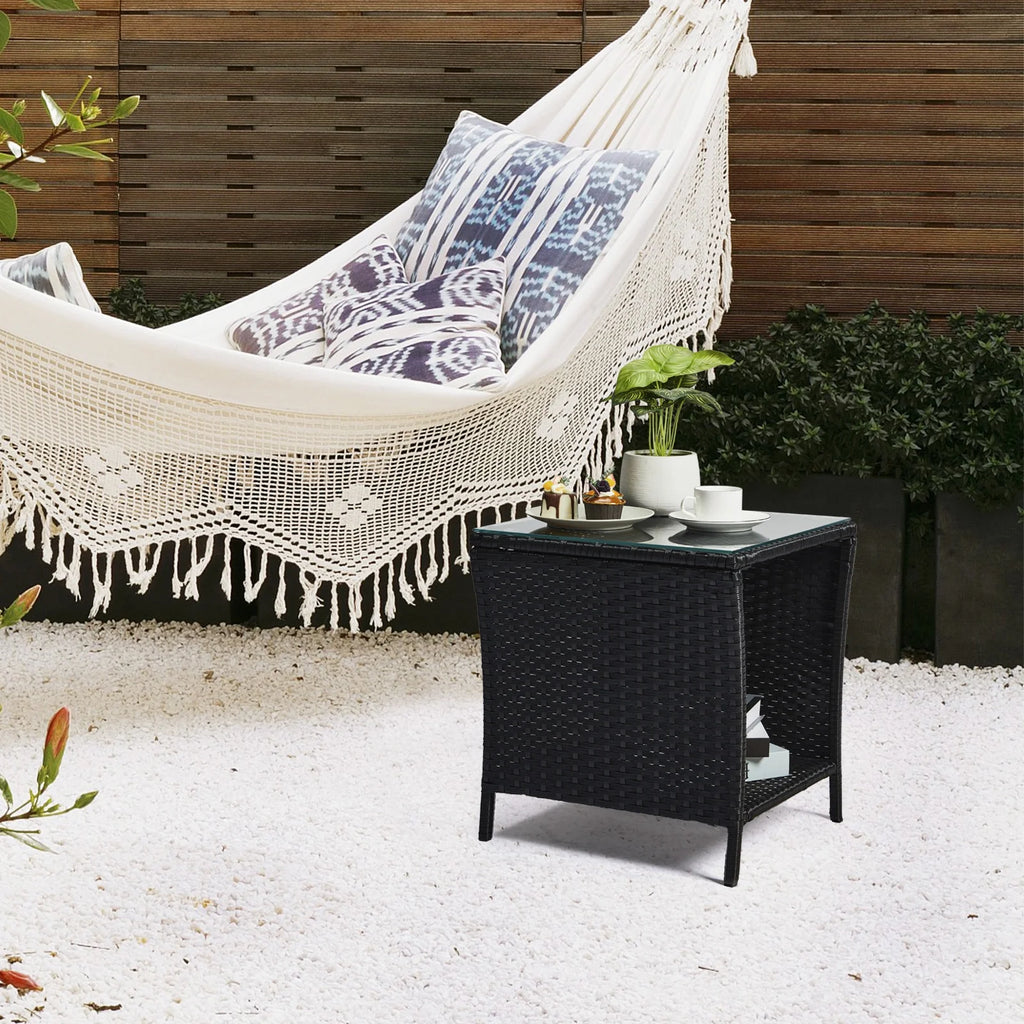 Square Wicker Side Table with Glass Top Storage Shelf R490