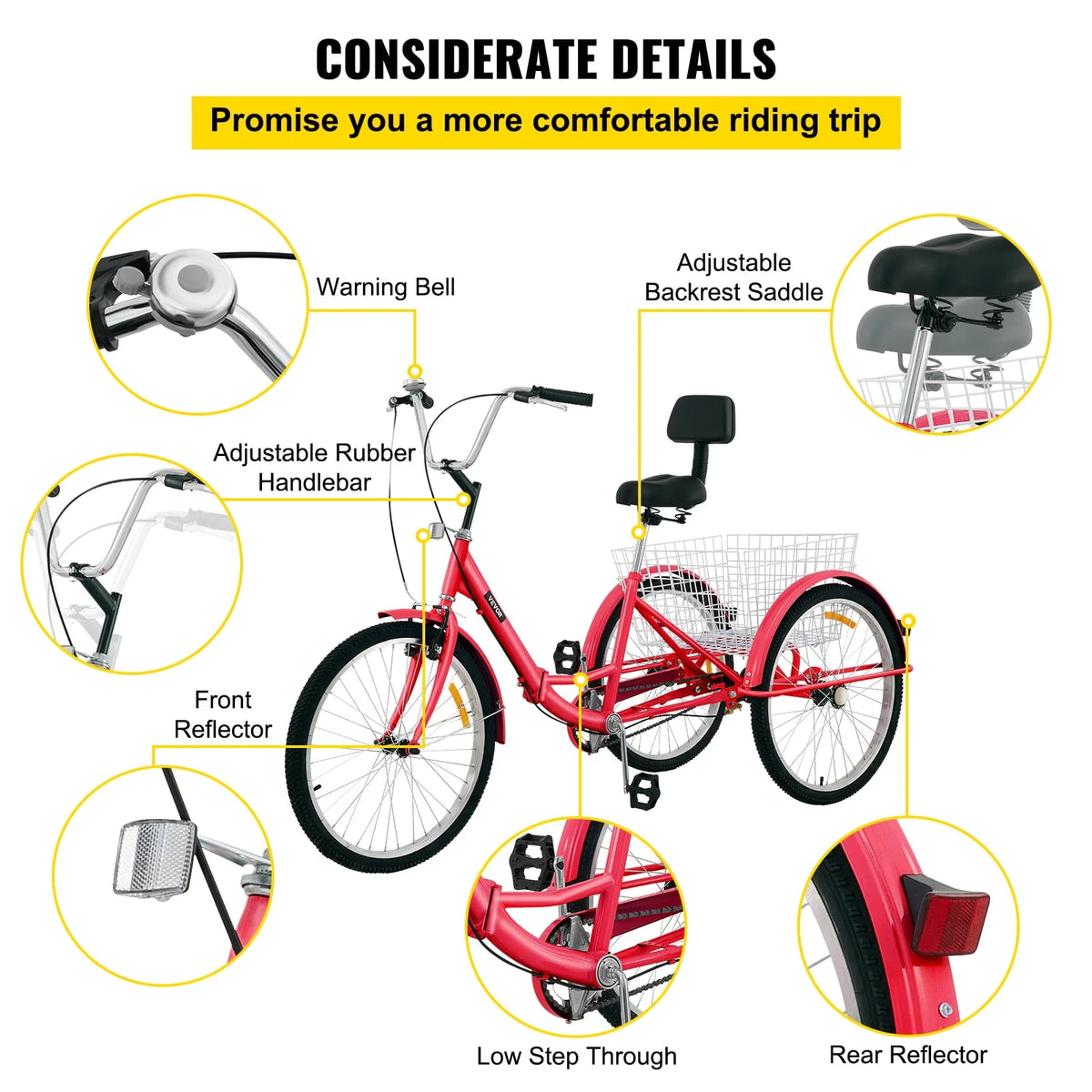 Foldable Tricycle 24 inch Wheels Red Trike with Basket U7443