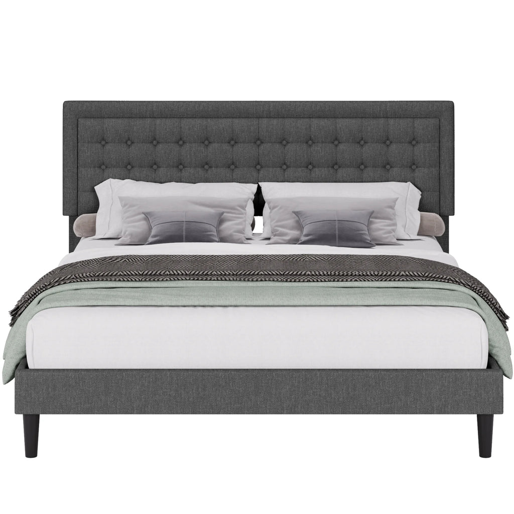 King Size Gray Linen Fabric Bed Frame with Tufted Headboard W320