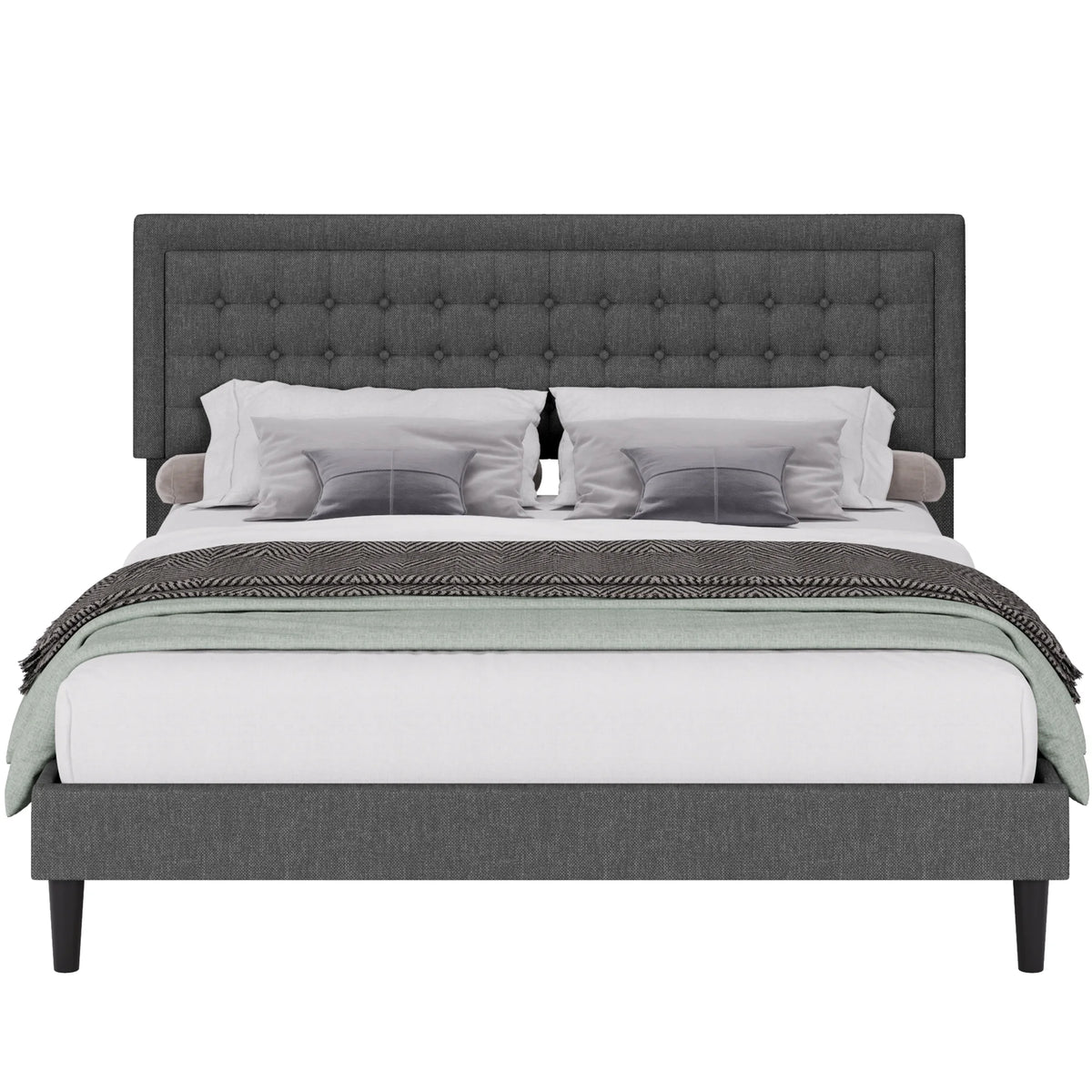 King Size Gray Linen Fabric Bed Frame with Tufted Headboard W320