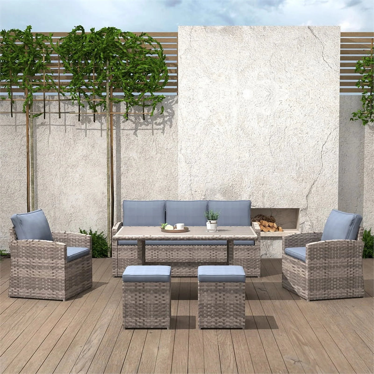 Light Brown Wicker Dining Table Set with Grey Cushion R843640