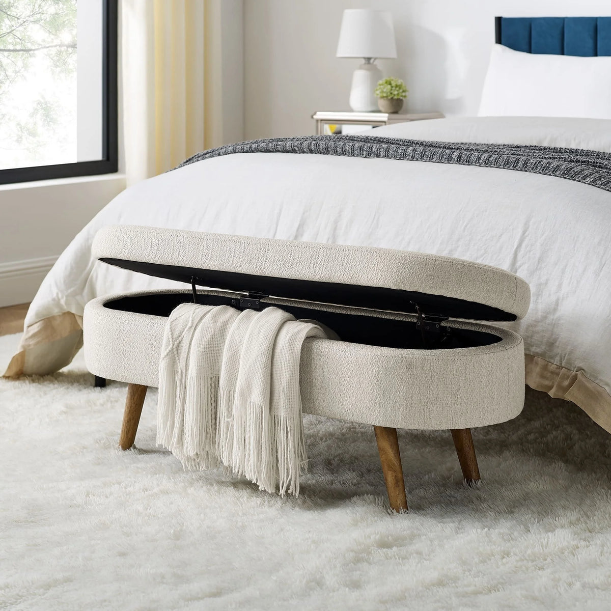 Linen Fabric Storage Bench with Solid Wood Legs K845776