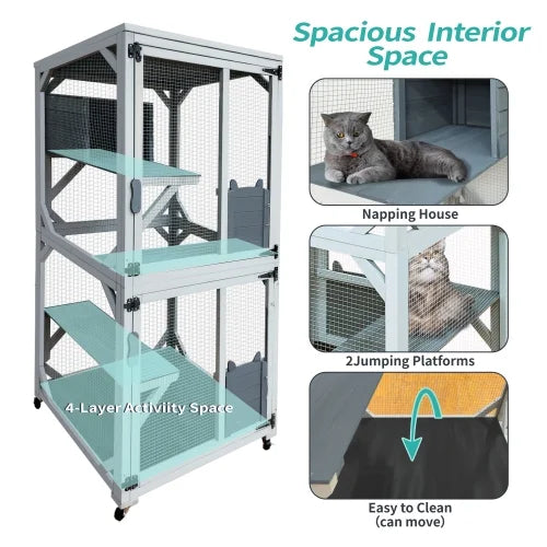 Wooden Outdoor Cat Enclosure with Wheels H431