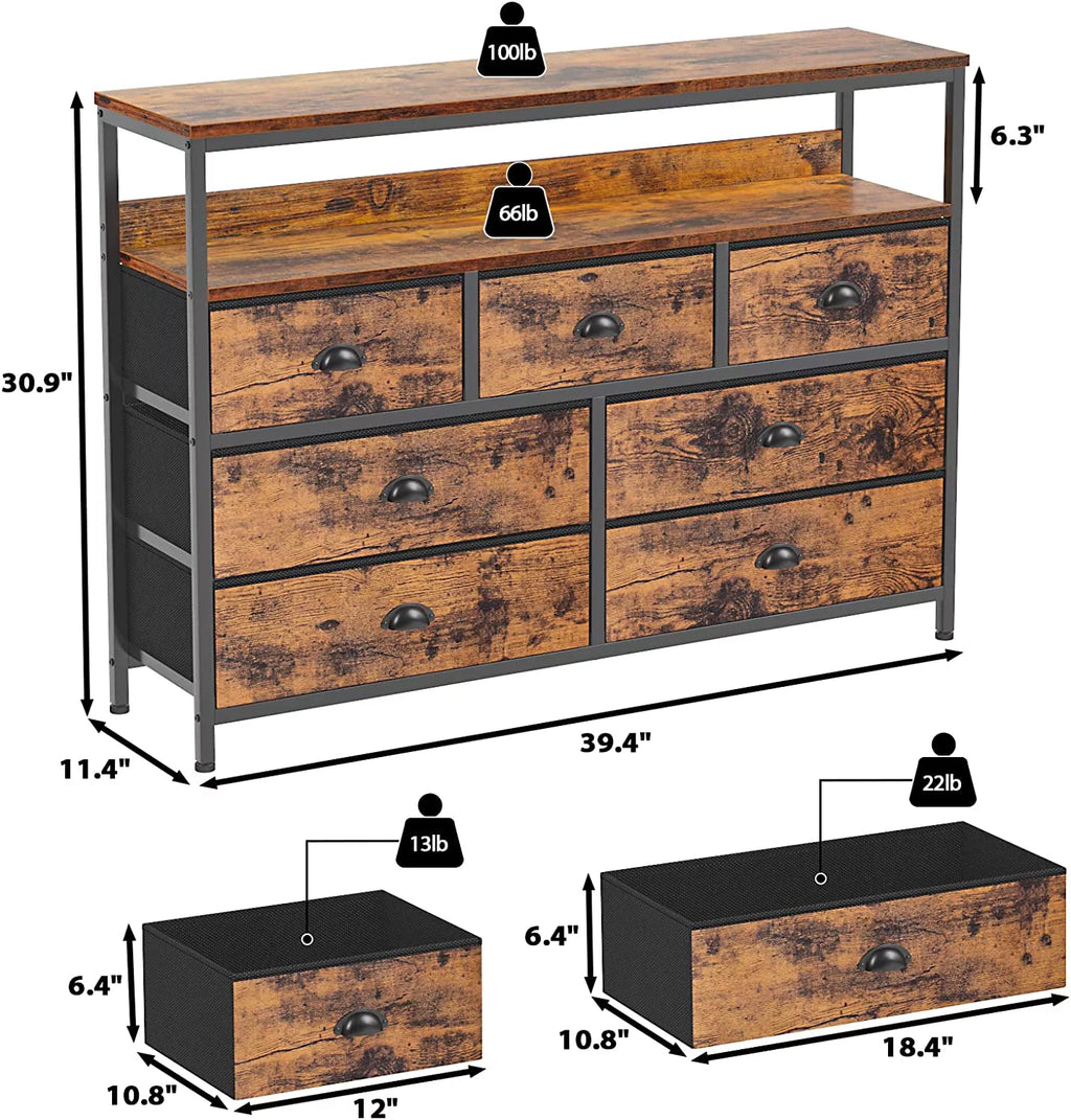 Rustic Brown TV Console Table with 7 Storage Drawers K935