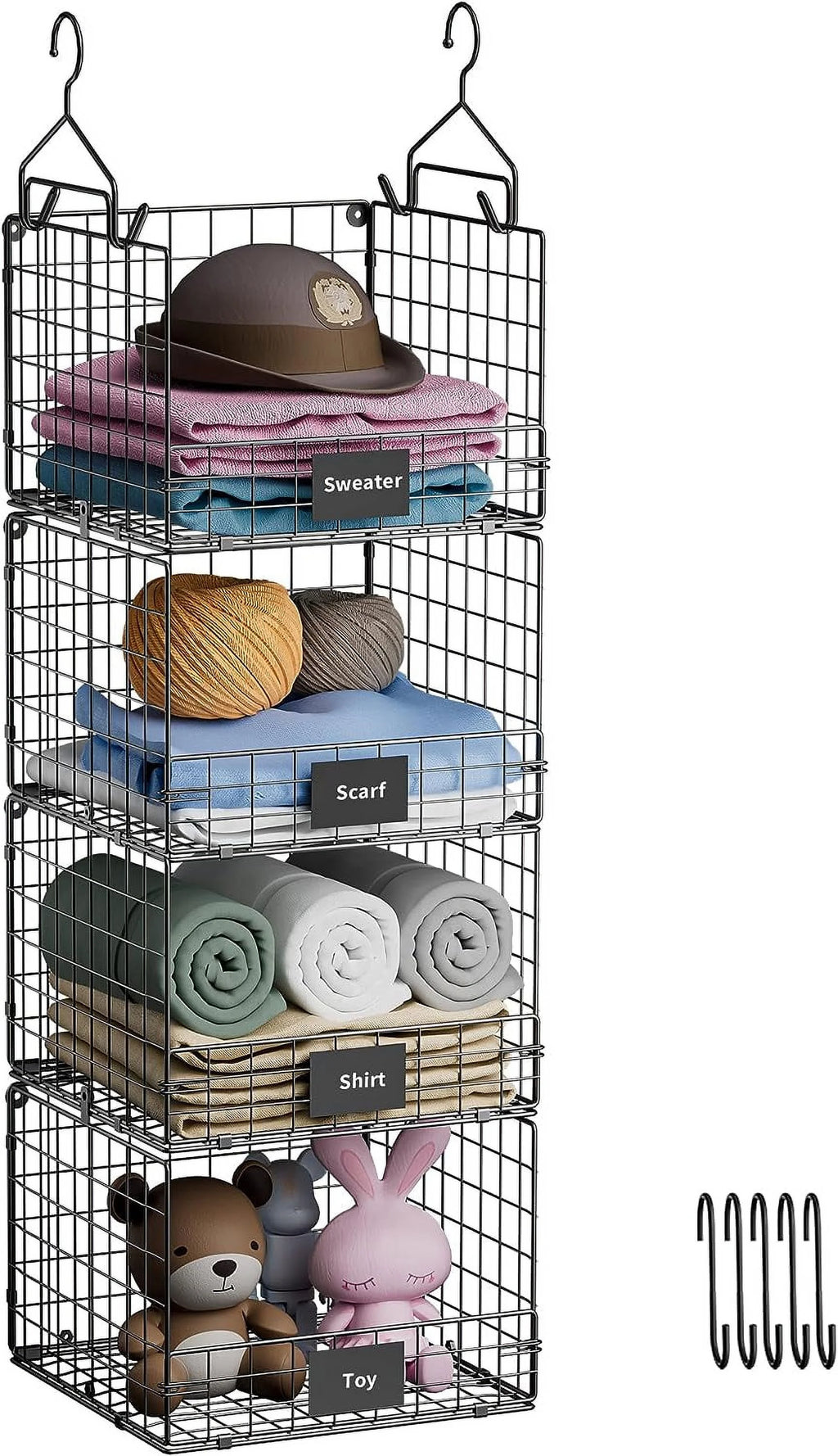 4 Tiers Hanging Closet Shelves Organizer with S Hooks, Black C22975