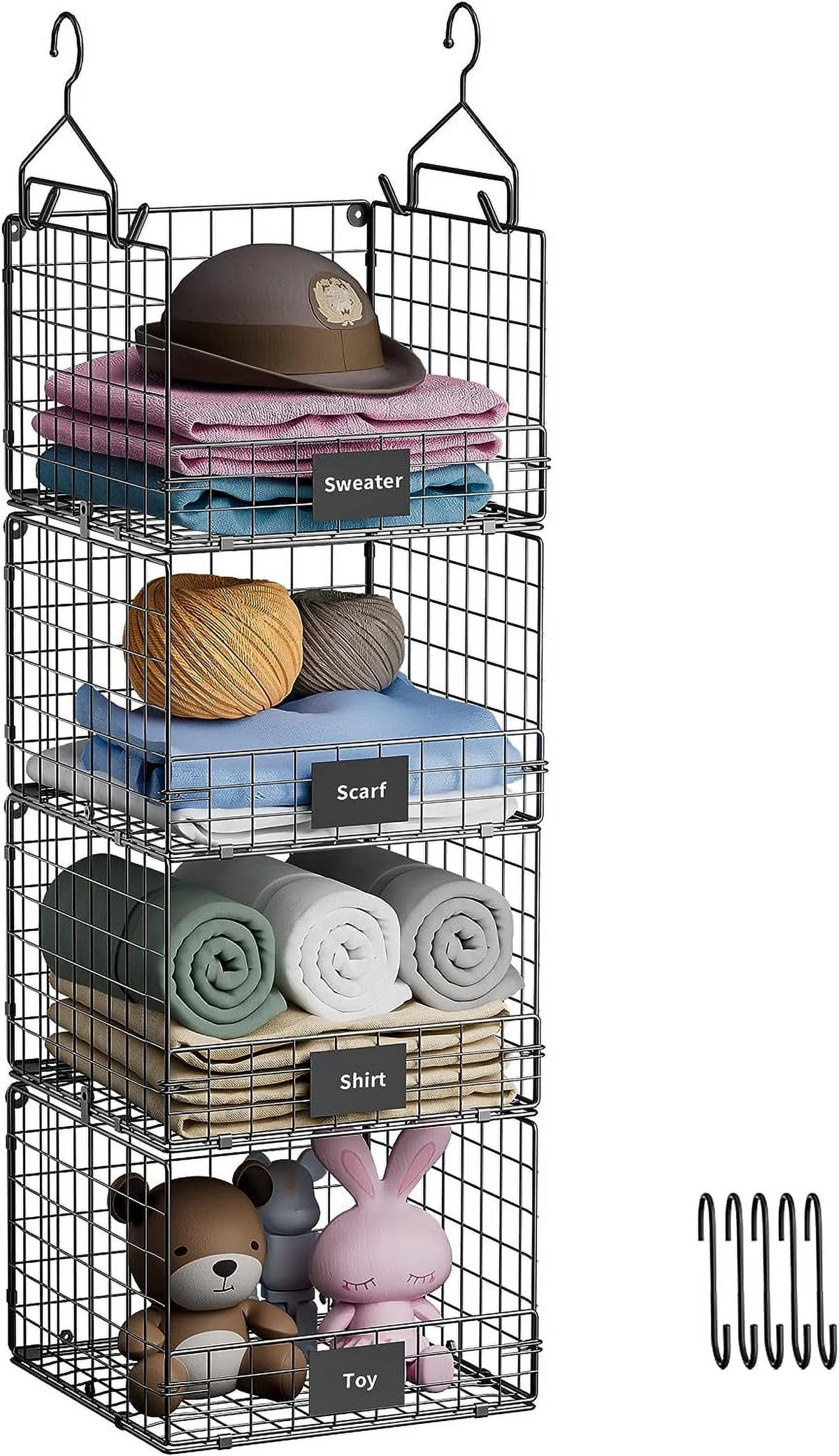 4 Tiers Hanging Closet Shelves Organizer with S Hooks, Black C22975