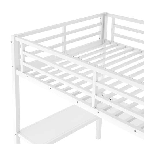 Full Size White Metal Loft Bed with Desk and Storage Stairs K148745