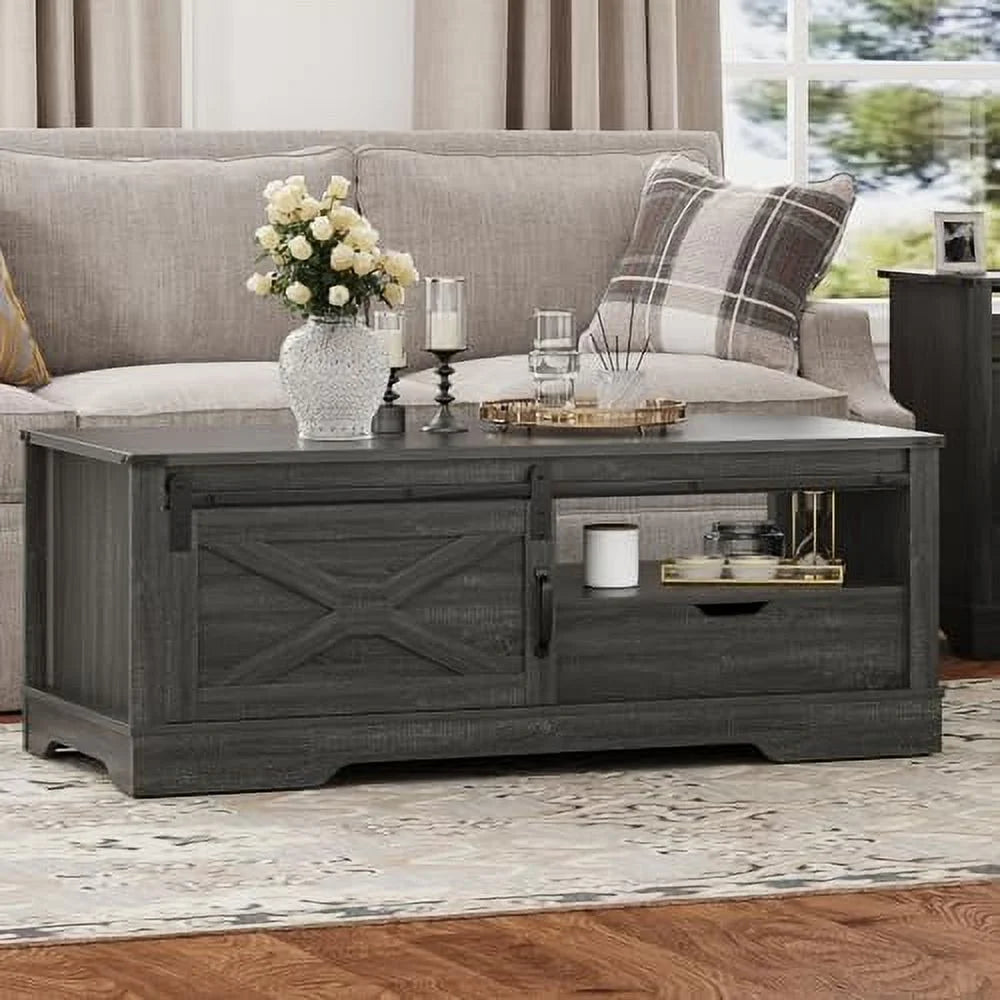 Light Grey 48'' Rustic Coffee Table with Sliding Barn Door K71442