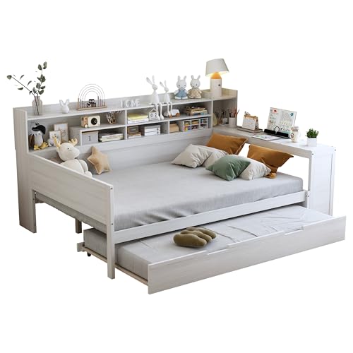 Twin Size Wood Daybed with Bookcase Storage and Desk M2687