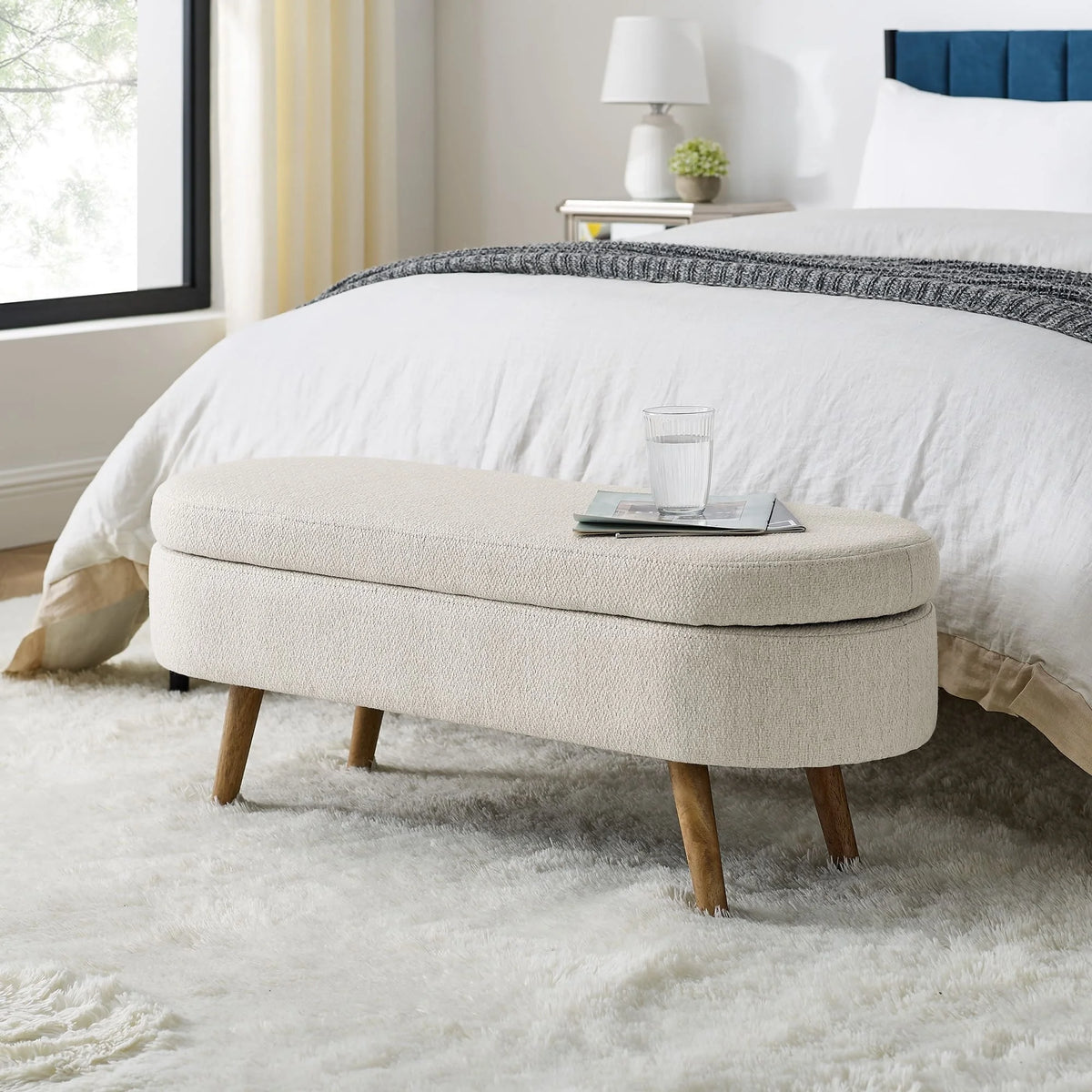 Linen Fabric Storage Bench with Solid Wood Legs K845776