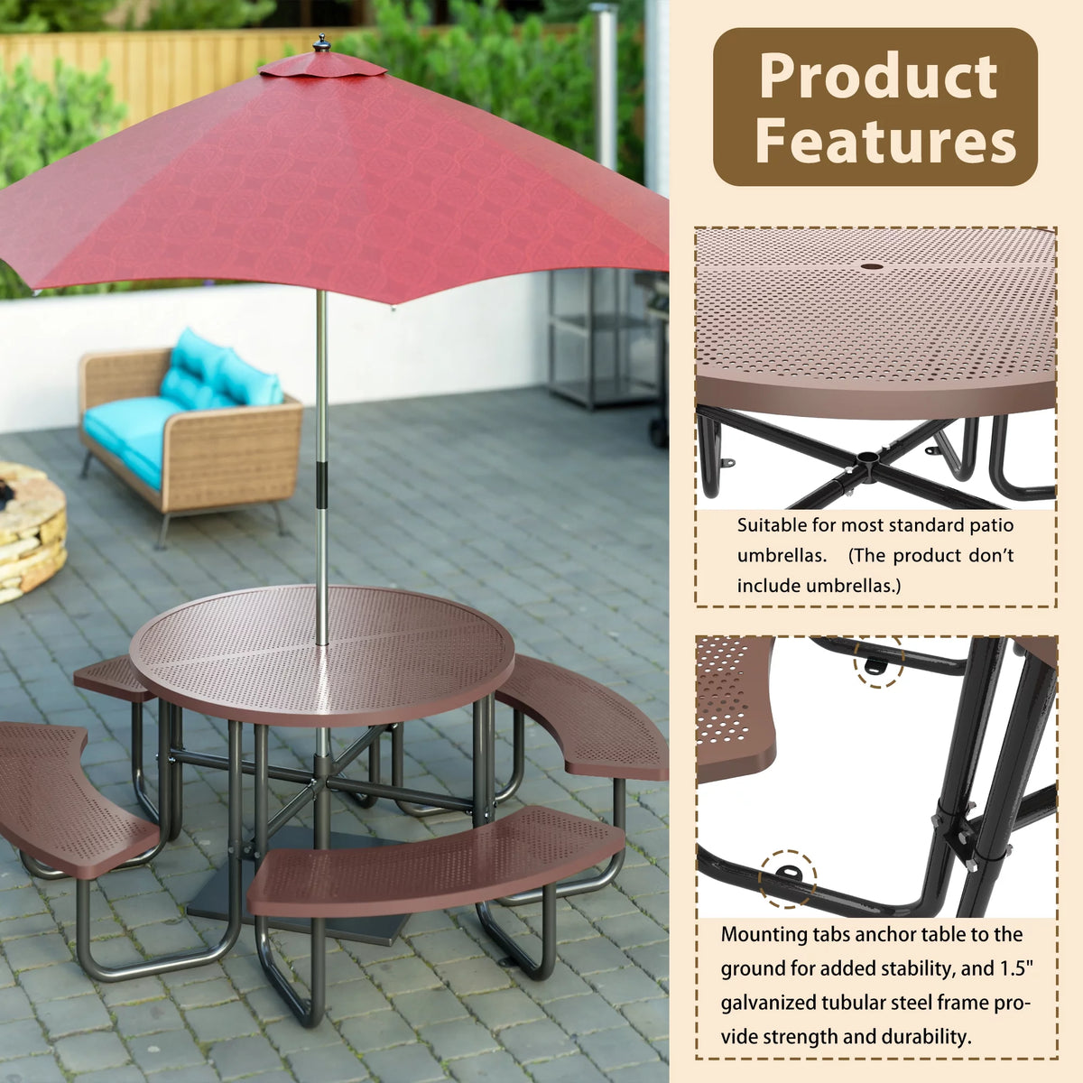 46'' Steel Round Picnic Table with Umbrella Hole H953