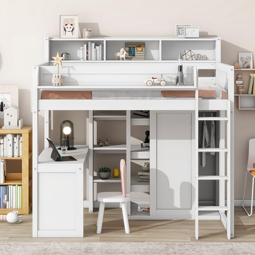 Twin Size Wood Loft Bed with Desk Storage and Wardrobe S9832