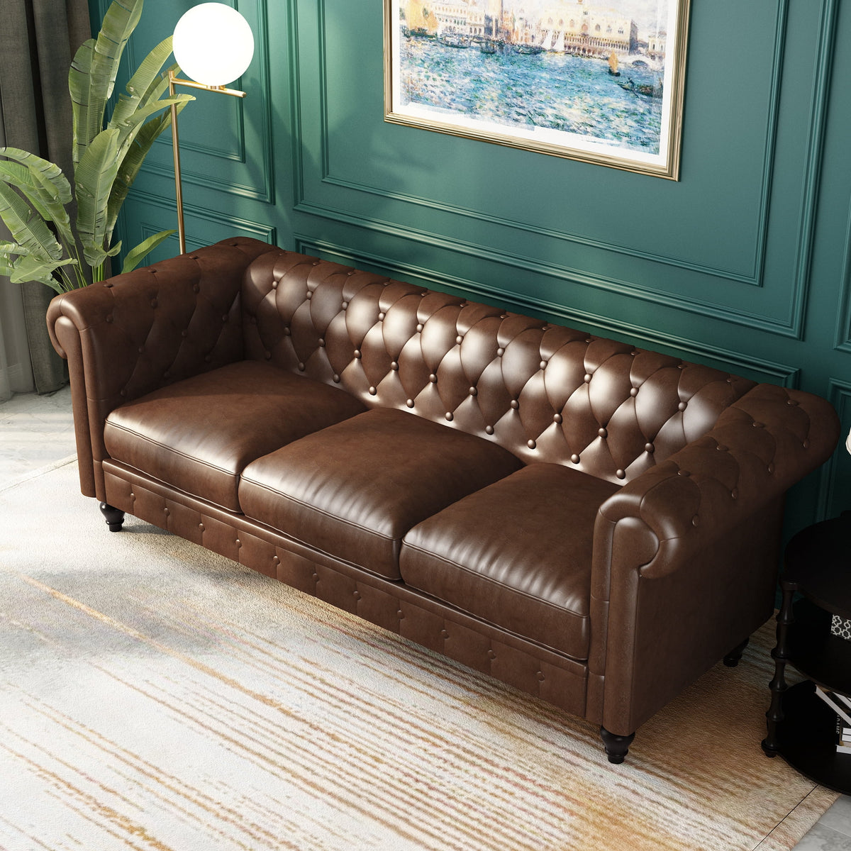 Button Tufted Faux Leather 3-Seater Sofa A476580