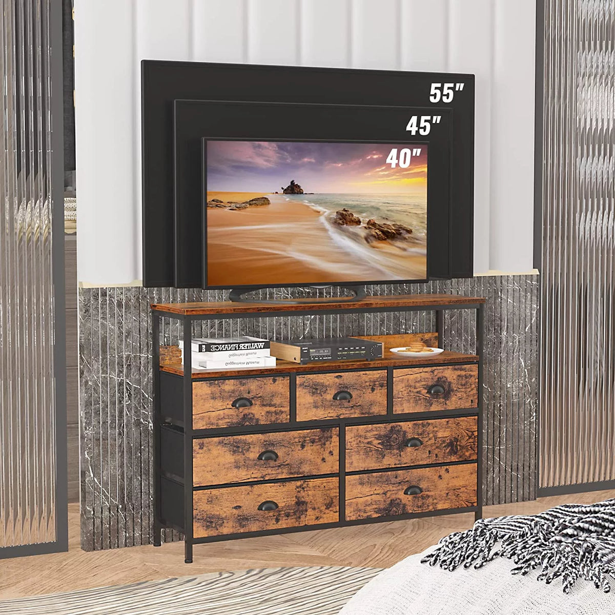 Rustic Brown TV Console Table with 7 Storage Drawers K935