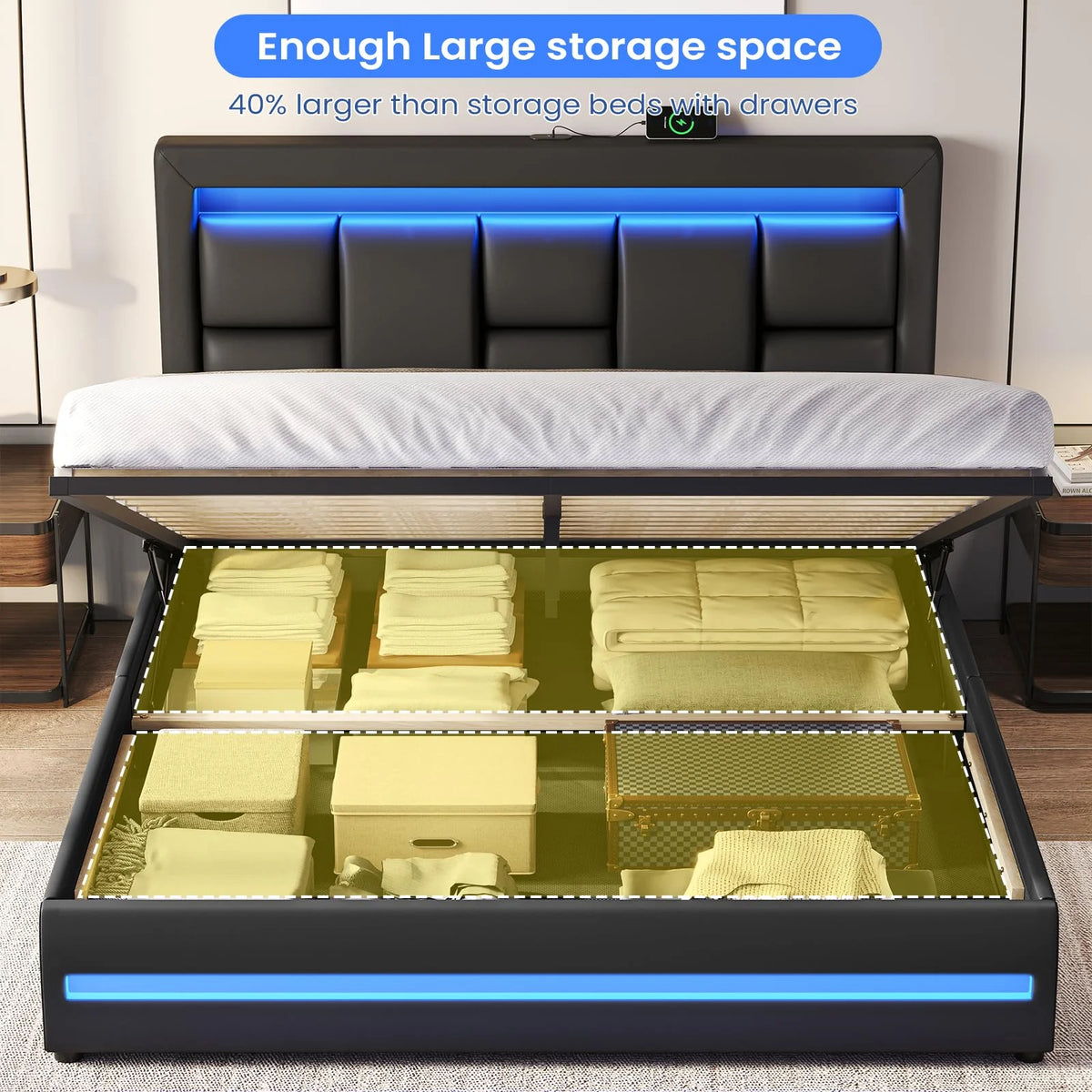 Queen Size Lift Up Storage Upholstered Platform Bed Frame with Charging Ports and LED Lights Z889