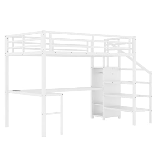 Full Size White Metal Loft Bed with Desk and Storage Stairs K148745