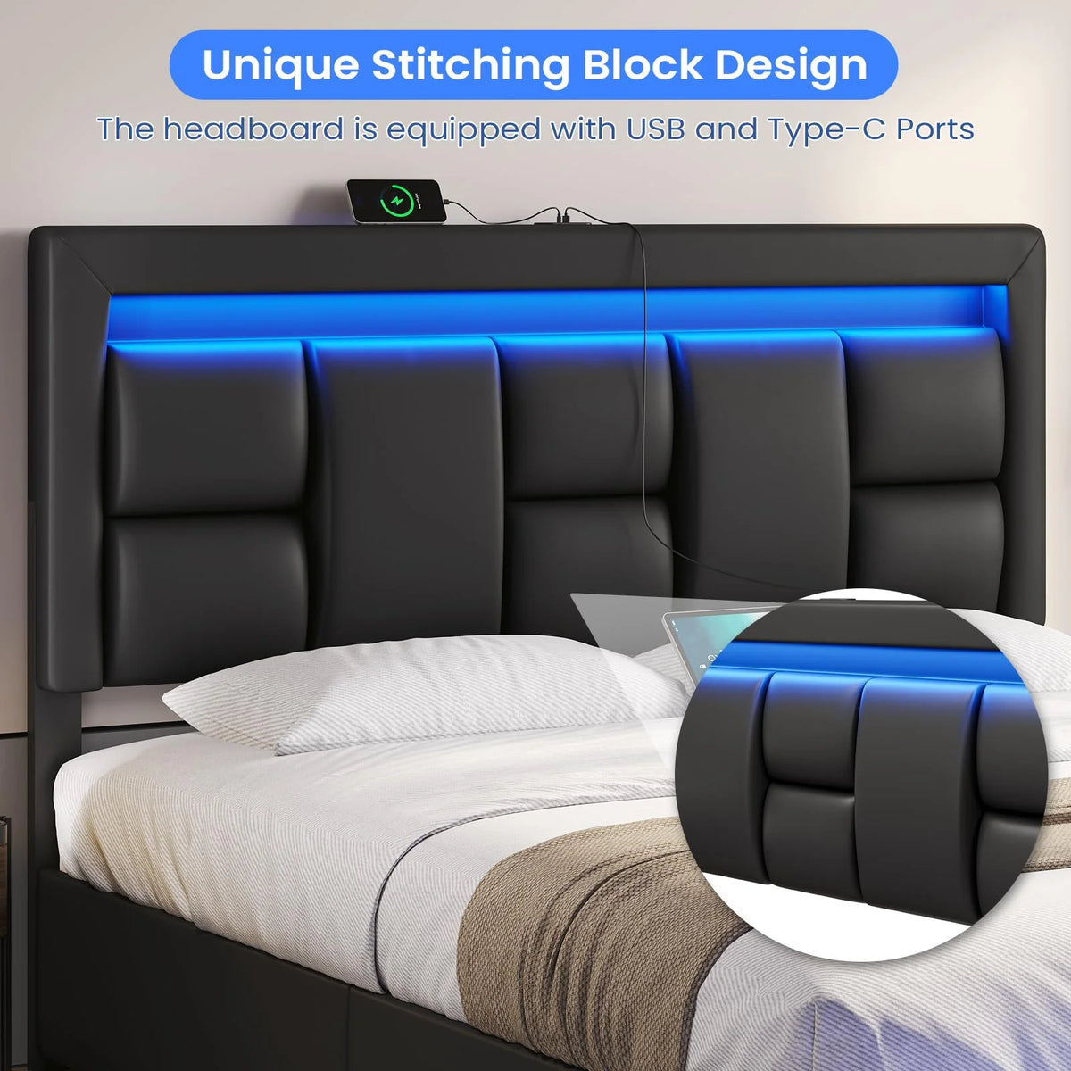 Queen Size Lift Up Storage Upholstered Platform Bed Frame with Charging Ports and LED Lights Z889