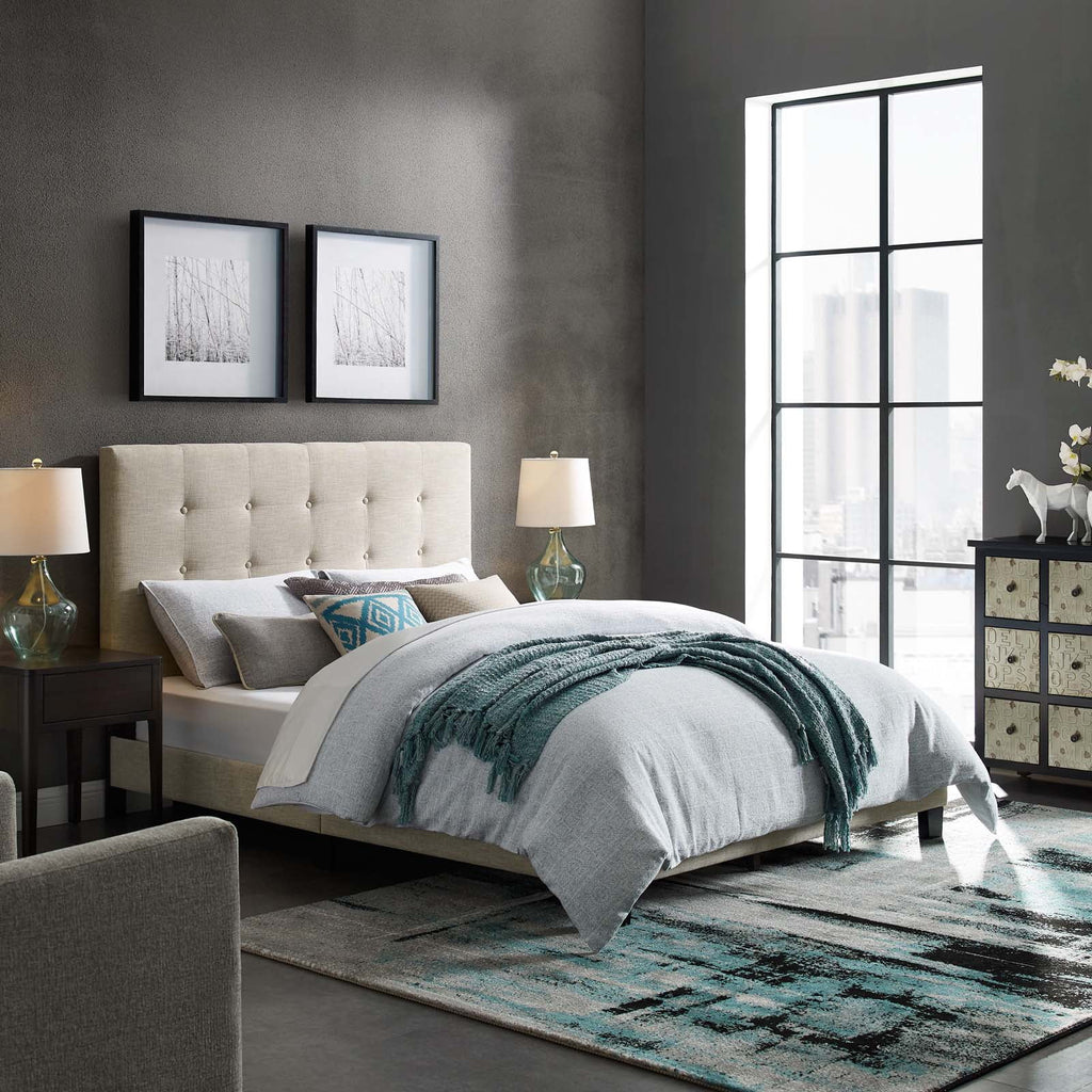 Beige Tufted Upholstered Fabric Platform Bed V996