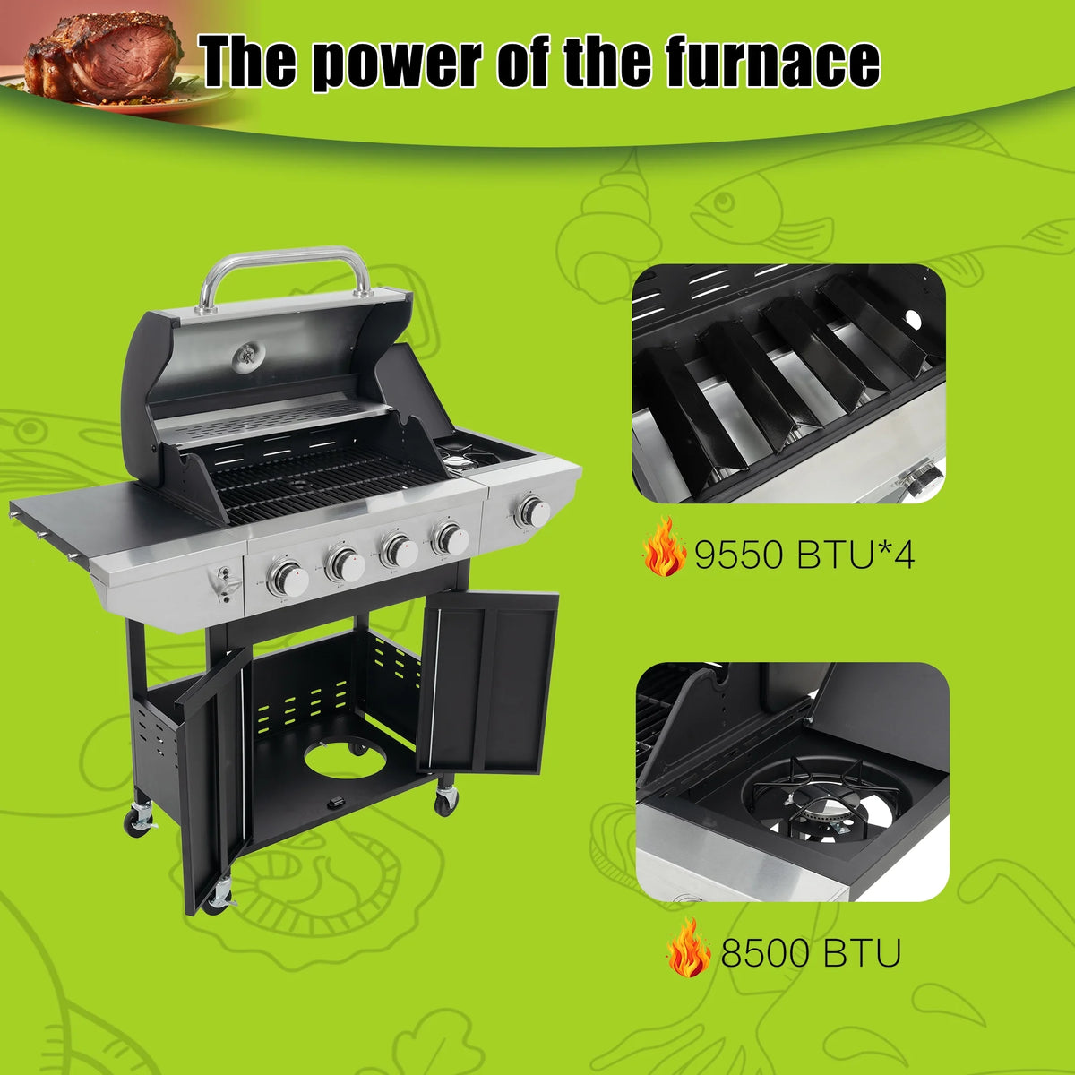 4 Burner Propane Gas Grill with Side Burner and Thermometer K95701