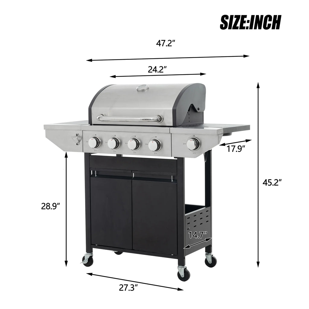 4 Burner Propane Gas Grill with Side Burner and Thermometer K95701