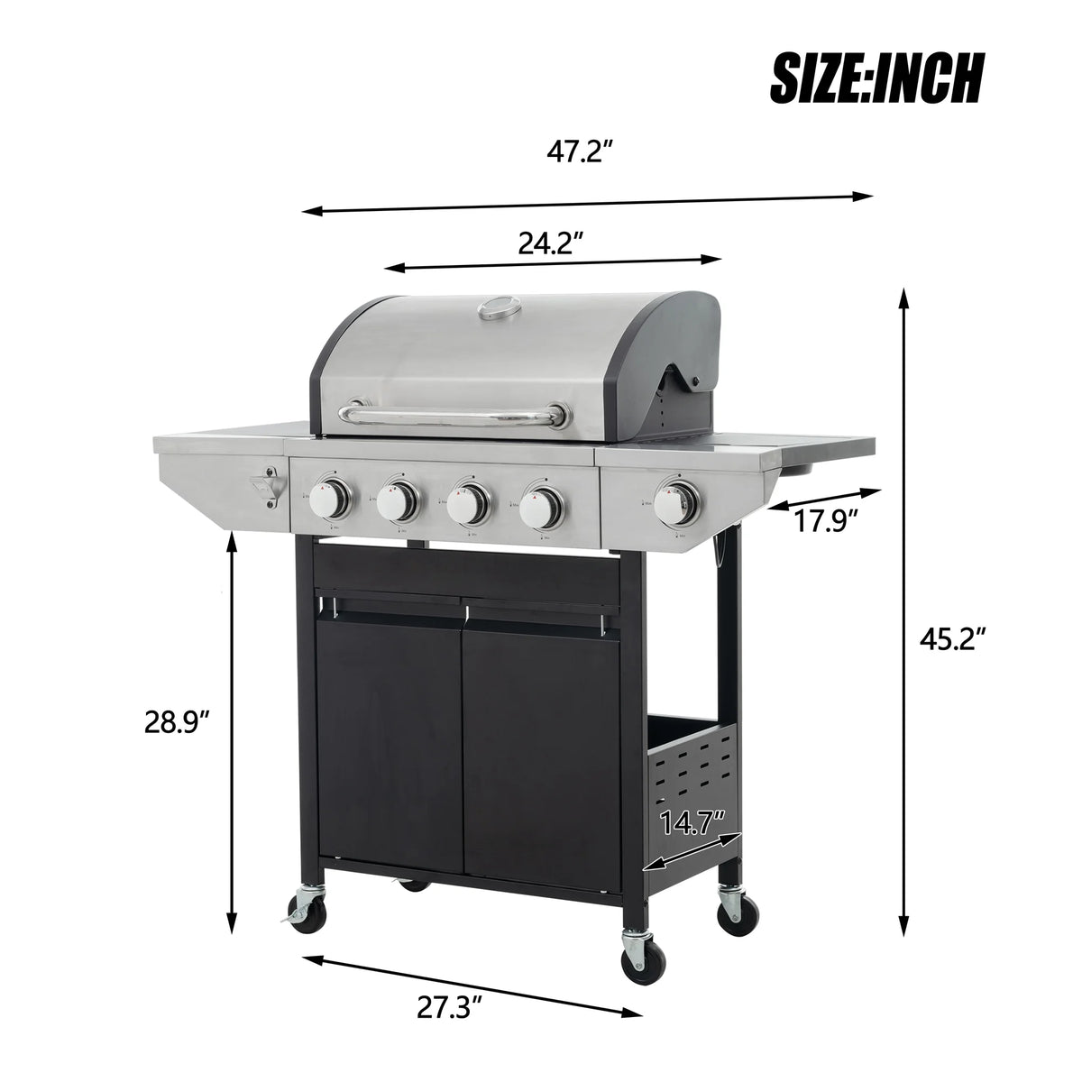 4 Burner Propane Gas Grill with Side Burner and Thermometer K95701