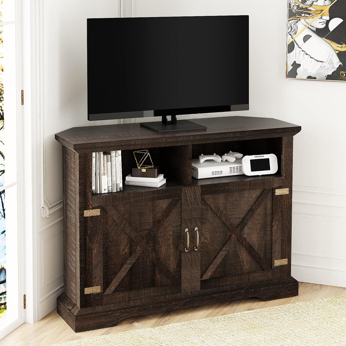 44'' Farmhouse Corner TV Stand with Double Doors & Adjustable Shelves U42061