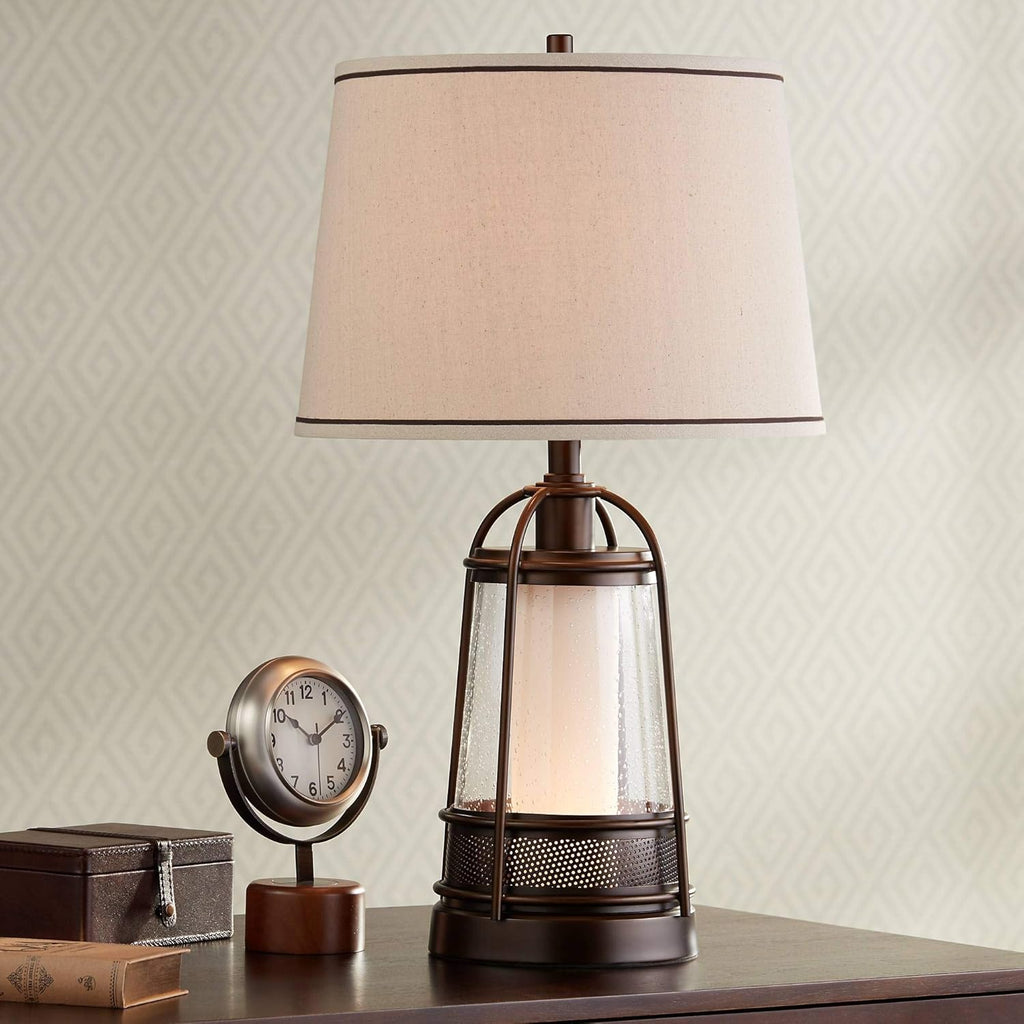 Bronze Cage Glass Lantern Table Lamp with Nightlight L7945