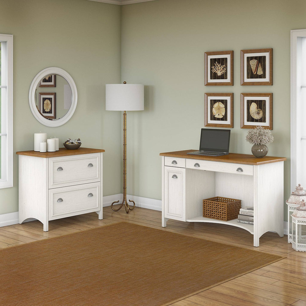 Antique White Computer Desk with 2-Drawer File Cabinet Q291406