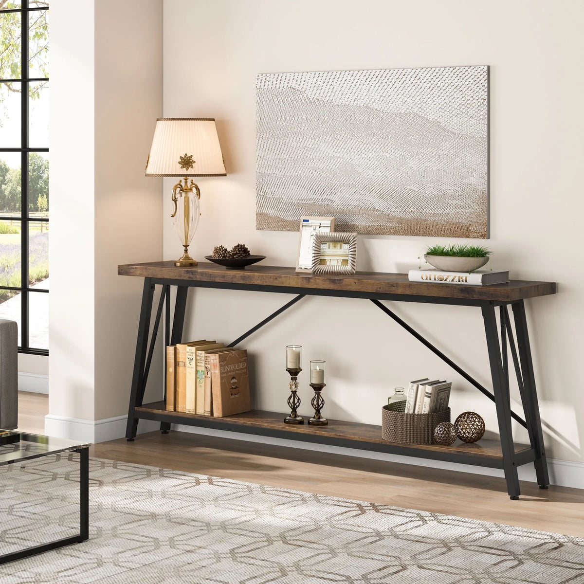 70.9 Inch Light Brown Black Wood Console Table R67680