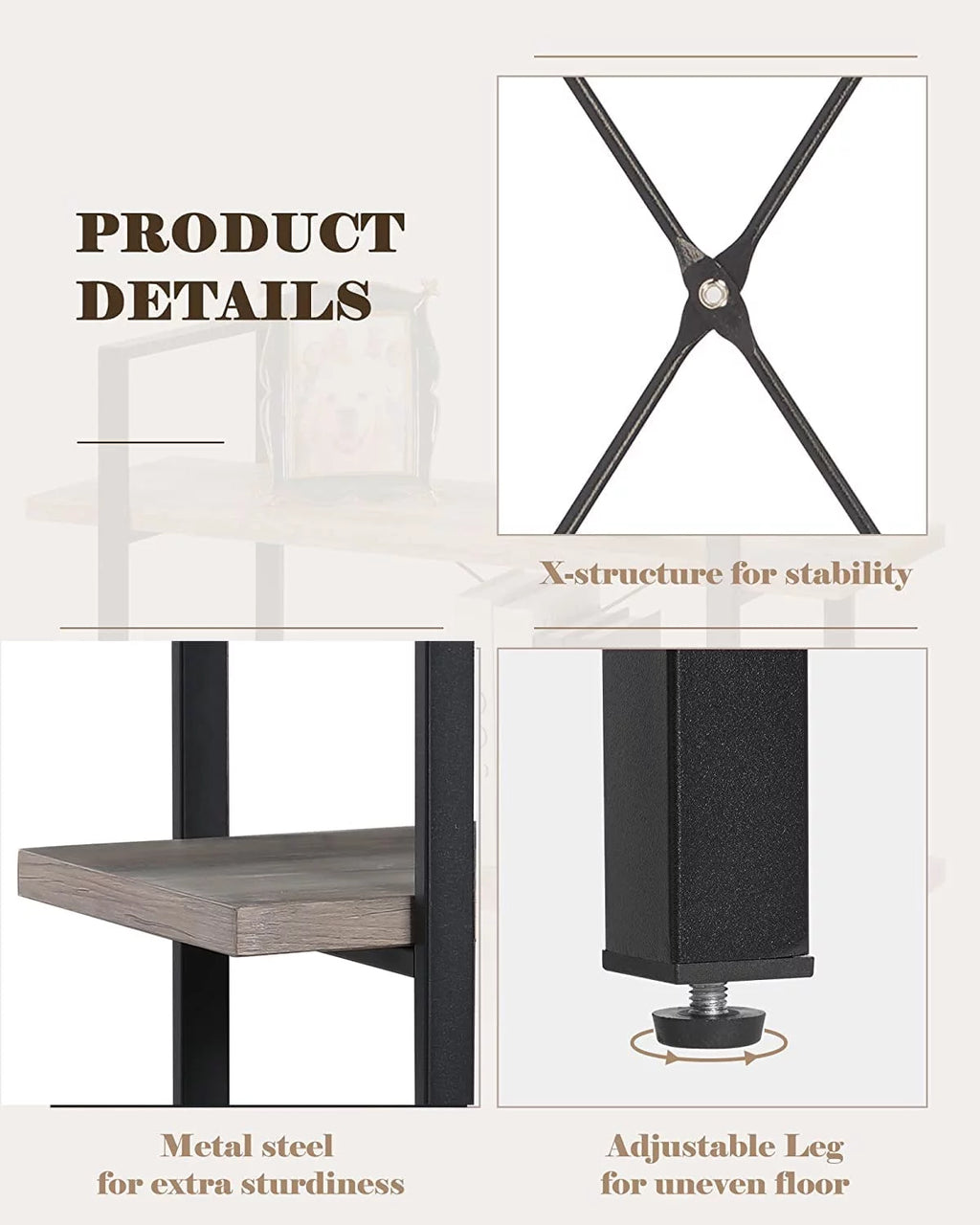 2 Tier Grey Wood and Metal Bookshelf Q1140
