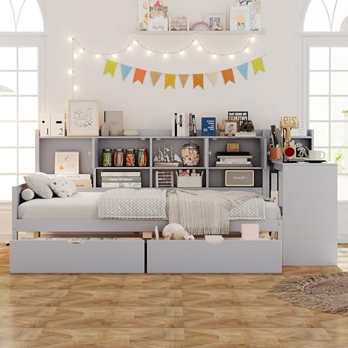 Twin Size Wood Daybed with Bookcase Storage and Desk M2687