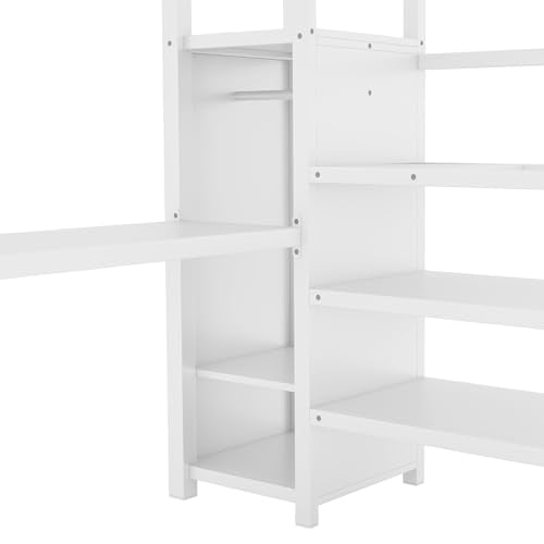 Full Size White Metal Loft Bed with Desk and Storage Stairs K148745