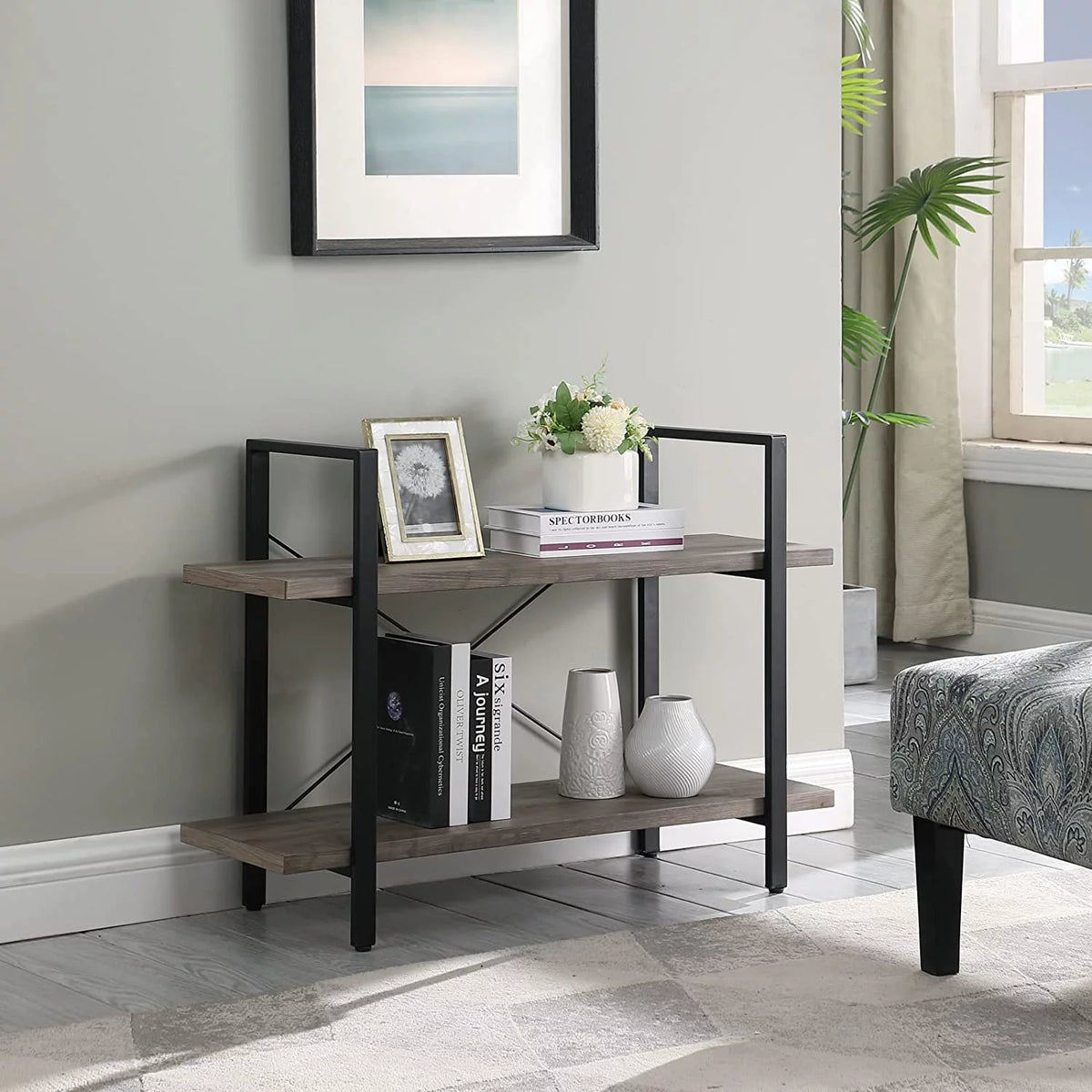 2 Tier Grey Wood and Metal Bookshelf Q1140